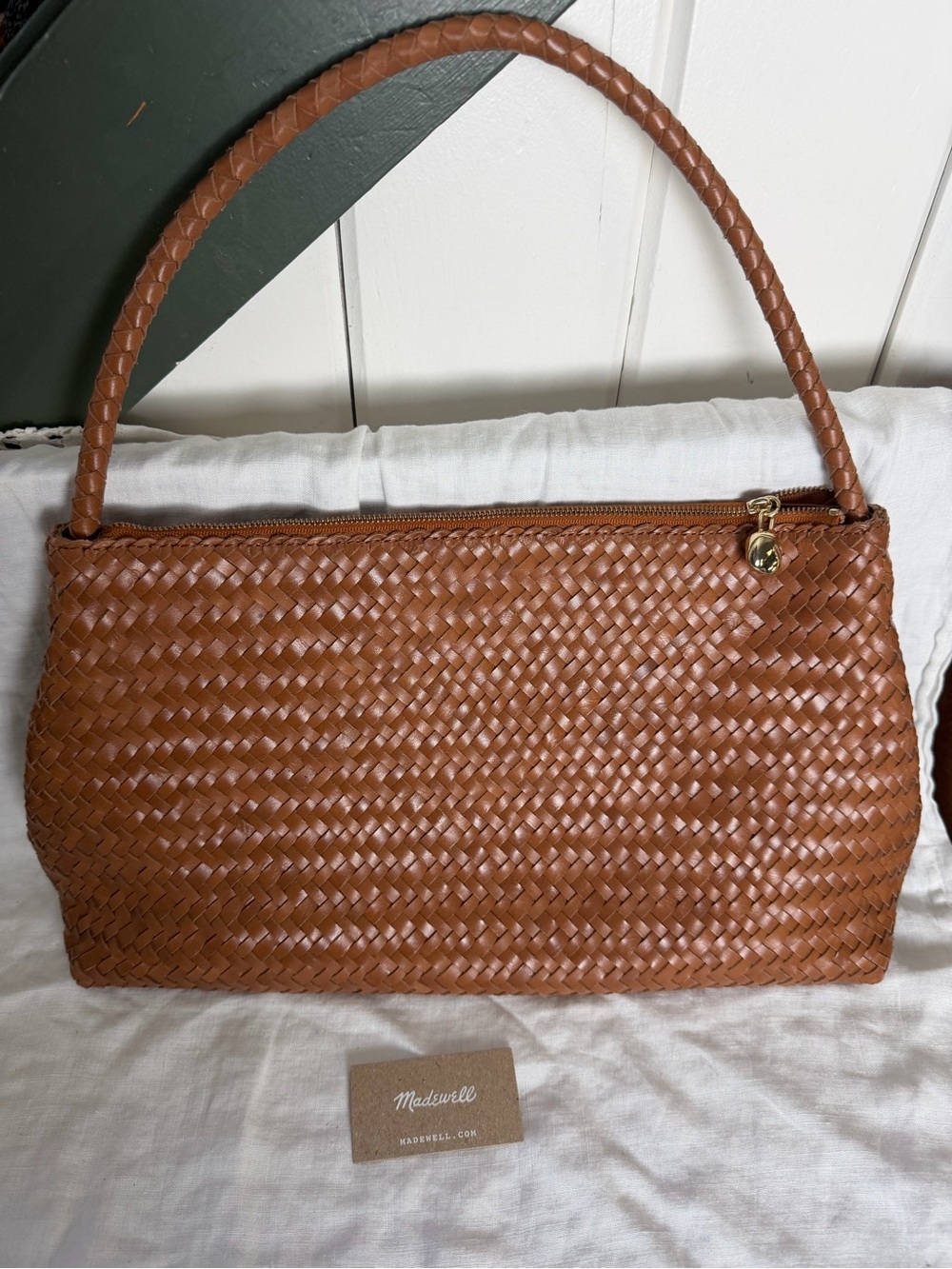 Madewell Woven Leather Shoulder Bag in Cognac Brown NWT